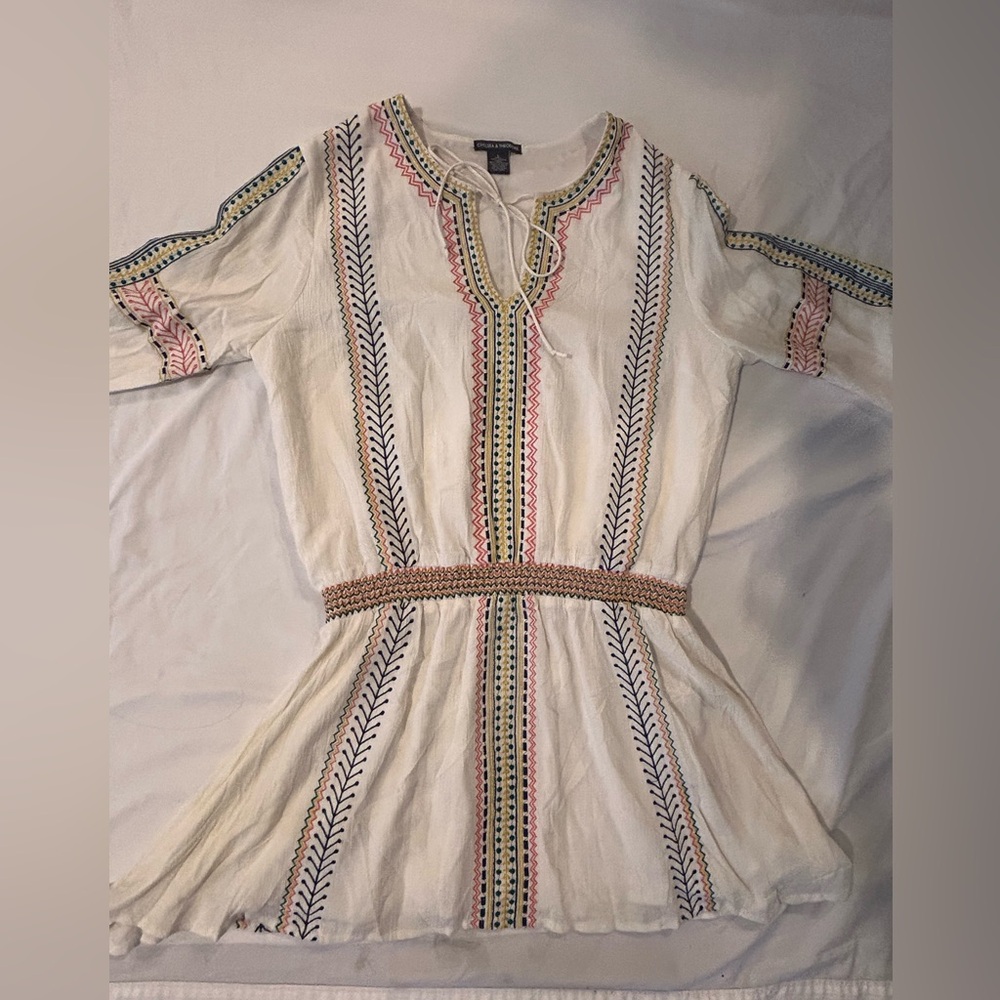 Chelsea & Theodore Embroidered Boho Dress Tie Neck Flowy Waist Lined Size L